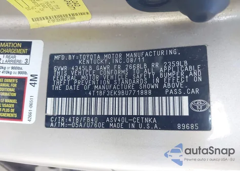 2011 Toyota Camry Le из США, поврежденный, VIN 4T1BF3EK9BU771888